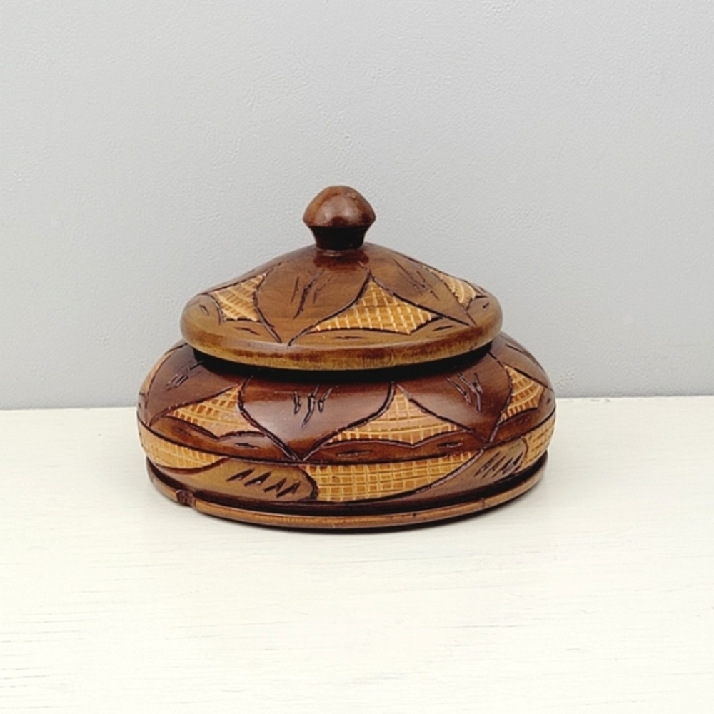 Hand Carved Organic Tribal Trinket Box with Lid Carved Floral Design